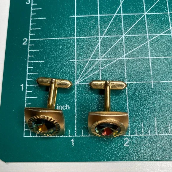 🎁 Vintage Rivoli Crystal Cuff Links Amber Rivoli Rhinestone - Picture 4 of 5